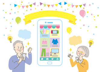 スマートフォンでオンラインショッピングを学ぶ年配の女性と男性