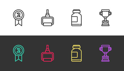 Set line Medal, TPX loop training equipment, Sports nutrition and Award cup on black and white. Vector