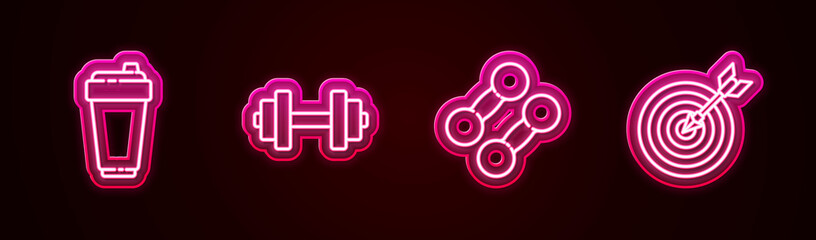 Set line Fitness shaker, Dumbbell, and Target with arrow. Glowing neon icon. Vector