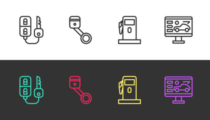Set line Car key with remote, Engine piston, Petrol or Gas station and Diagnostics condition of car on black and white. Vector