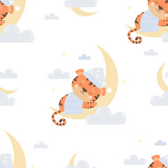 Obraz na płótnie Canvas Seamless pattern with cute sleeping tiger. Animal boy in a nightcap and a blanket sleeps on the moon on a white background with blue clouds. Vector. Kids Collection For textiles, decor, nursery, print