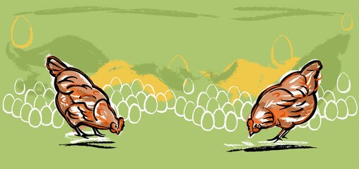 Chickens peck at the grass. Illustration of the banner sketch by hand, color for your own .