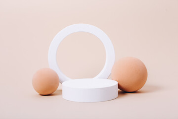 Fototapeta premium Abstract empty geometric shape podiums for product presentation on pastel beige background.