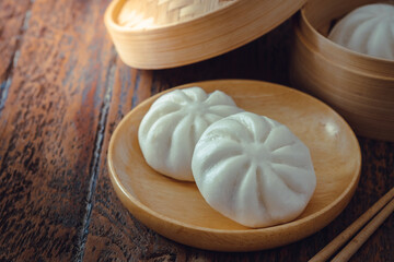 Steamed pork buns on wooden plate and bamboo steamer, Chinese dim sum