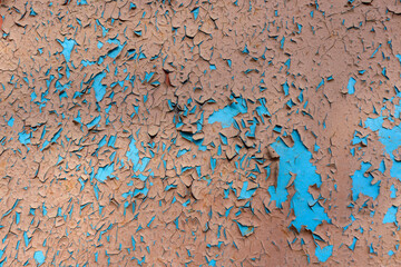 Surface with peeling two-layer paint. Color - Malibu Hue Blue, Sandal Hue Brown.