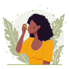 Young black african american woman with black curly hair uses an asthma inhaler against an allergic attack. Concept of world asthma day. Allergy, asthmatic. Bronchial asthma. Vector flat illustration - obrazy, fototapety, plakaty