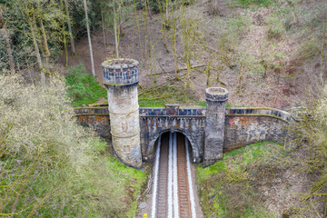 The famous Bramhope Tunnel North Portal, aerial footage Gothic castle-like portal and railway...
