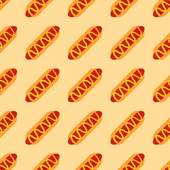 Cute carton hot dogs with mustard sauce vector seamless pattern background for fast food design.
