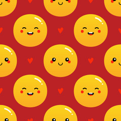 Obraz premium Cute and smiling cartoon style yellow smiling ball characters, emoji and red hearts vector seamless pattern background. 