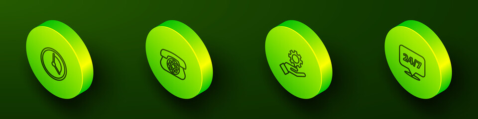 Set Isometric line Time Management, Telephone, Settings in the hand and Clock 24 hours icon. Vector
