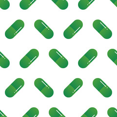 Food supplements, green pills, medications vector seamless pattern background.
