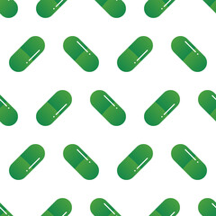 Food supplements, green pills, medications vector seamless pattern background.