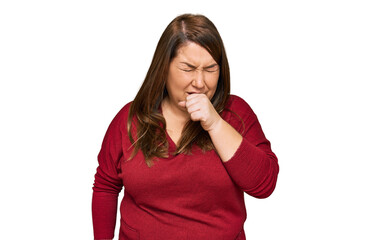 Beautiful brunette plus size woman wearing casual clothes feeling unwell and coughing as symptom...