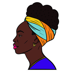 african woman in profile with headscarf. comic, avatar, outline.