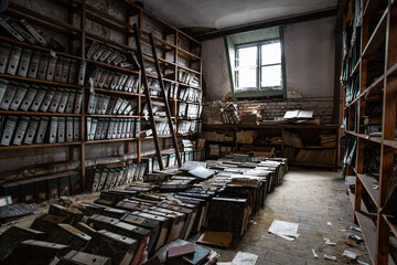 Abandoned bookcase, room with old books