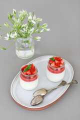 Italian dessert panna cotta with fruit jelly and fresh pieces of strawberries on gray background....