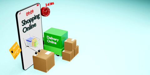 3d rendering, website shopping online use credit card, truck delivery and boxes. Online delivery service concept on smartphone in 24 Hrs. 3d illustration.