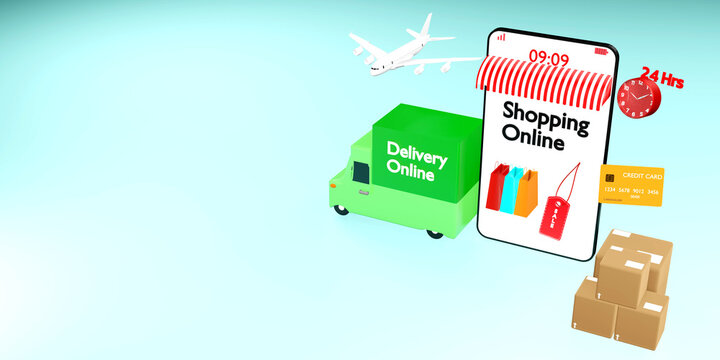 3d rendering, website shopping online use credit card, plane, truck delivery and boxes. Online delivery service concept on computer in 24 Hrs. 3d illustration.