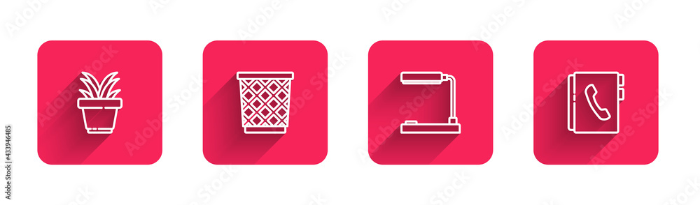 Poster set line plant in pot, trash can, table lamp and address book with long shadow. red square button. v