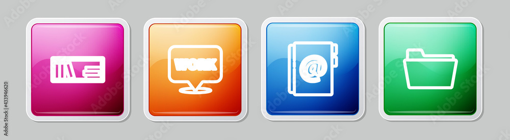 Poster set line shelf with books, location text work, address and document folder. colorful square button. 