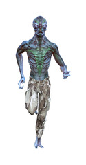 Illustration of an alien with green and blue skin and eyes closed running forward while isolated on a white background.
