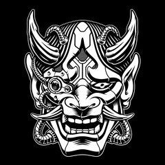 black and white vector illustration of a samurai mask in cyberpunk style with pipes and different mechanisms, this image can be used as an emblem or as a shirt print