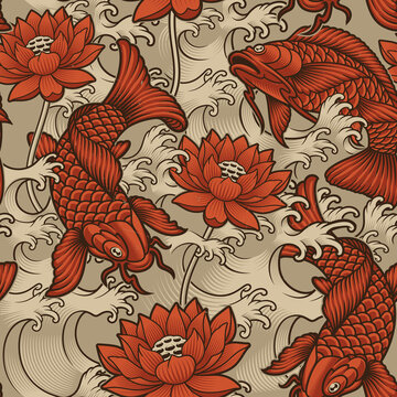 Seamless Background With Koi Fish  Japanese Style. This Design Can Be Used As A Print Fabric As Well As For Many Other Creative Products