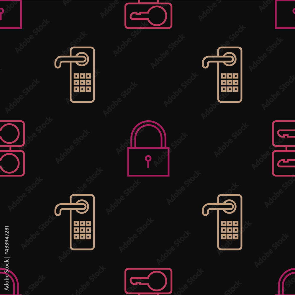 Poster set line casting keys, digital door lock and lock on seamless pattern. vector