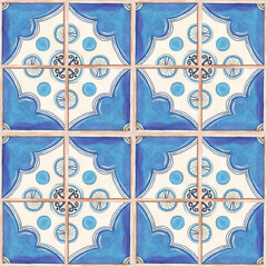 Tile pattern watercolor majolica italy summer blue ceramic