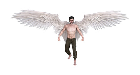 Illustration of a man with white angelic wings wearing pants isolated on a white background. © Bert Folsom