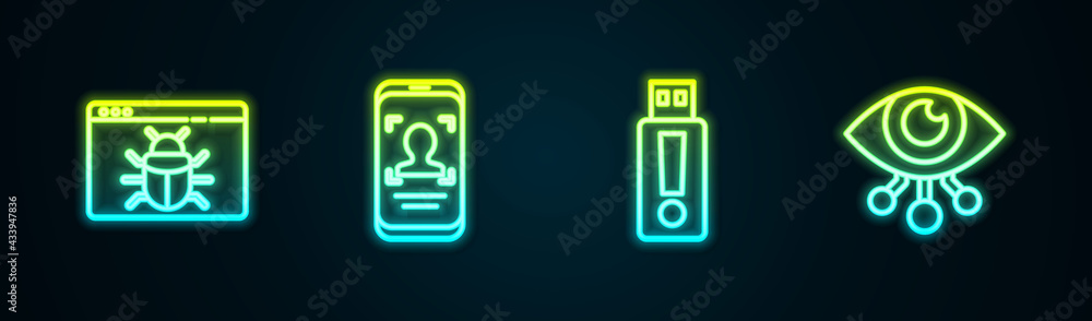 Poster set line system bug, mobile and face recognition, usb flash drive and eye scan. glowing neon icon. v