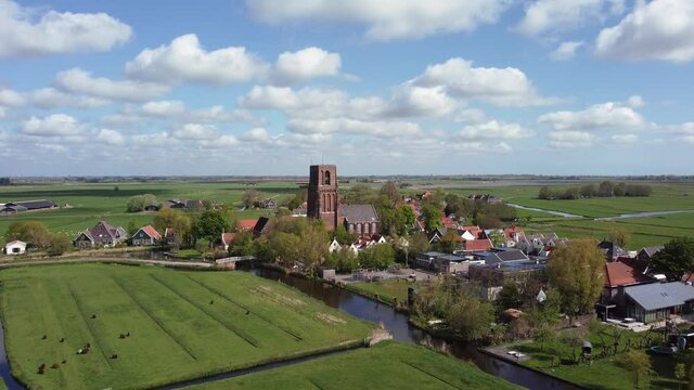 Dutch village Randsdorp with ancient church, Aerial