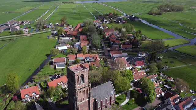 Dutch village Randsdorp with ancient church, Aerial