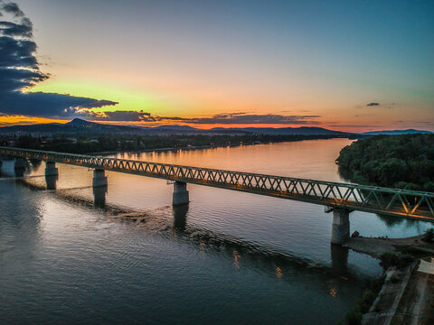 Bridge over the Danube sunset view from a drone