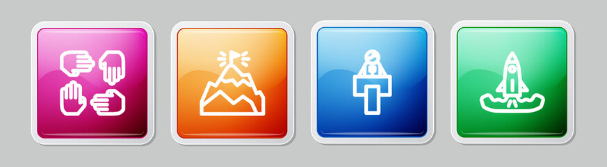Set line Project team base, Mountains with flag, Stage stand or tribune and Rocket. Colorful square button. Vector
