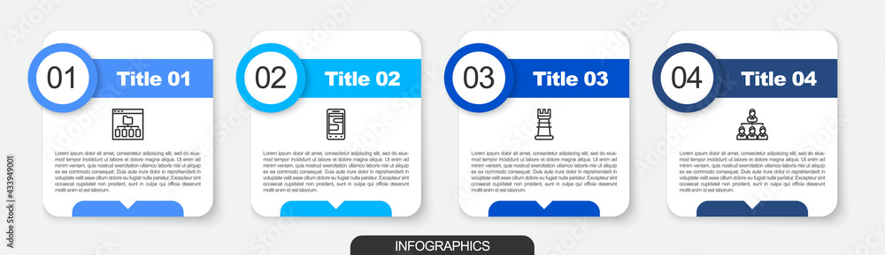 Poster set line browser files, chat messages on phone, business strategy and hierarchy organogram chart. bu