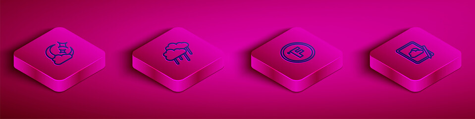 Fototapeta premium Set Isometric line Cloud with moon, rain, Fahrenheit and Weather forecast icon. Vector