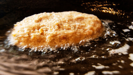 homemade cutlets, food, frying meat, homemade McDonald's, skillet with meat