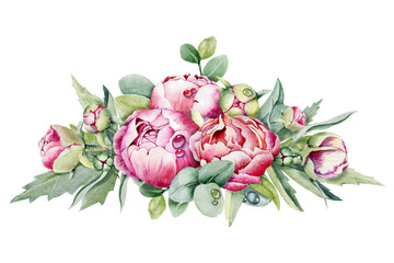 Watercolor floral arrangement, bouquet of peonies flowers. Hand drawn illustration isolated on white background high resolution. Design for wedding card, cover, congratulations, invitations