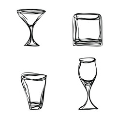 Alcohol glasses whiskey cocktail logo icon sign Hand drawn ink sketch style Modern abstract cartoon cute design Fashion print clothes apparel greeting invitation card poster banner flyer menu cover