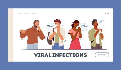 Ill Characters Sneezing with Runny Nose, Viral Infection Landing Page Template. Contagious Flu or Viral Disease Symptoms