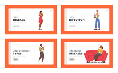 Characters with Viral Disease Landing Page Template Set. Ill Men and Women Sneezing with Runny Nose due to Infection