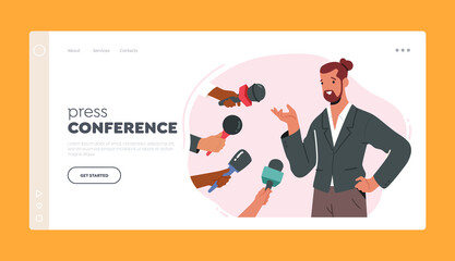 Press Conference Landing Page Template. Businessman, Celebrity or Politician Character Gives Interview and Share Opinion