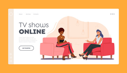 Online Tv Show with Guest Landing Page Template. Female Celebrity Character Giving Interview to Television Presenter