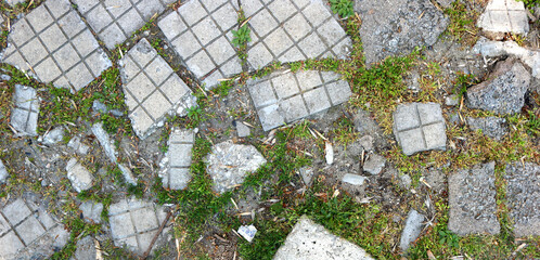 damaged urban floor with broken and scattered tiles with square patterns and grass with moss...