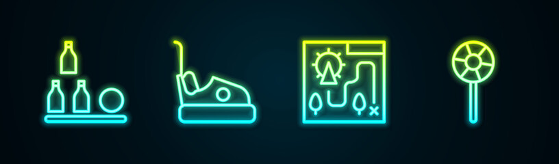 Set line Bottles ball, Bumper car, Amusement park map and Lollipop. Glowing neon icon. Vector