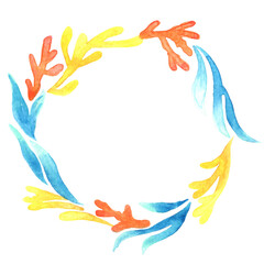 Fototapeta na wymiar Colorful coral and seaweed wreath watercolor hand painting for decoration on ocean, marine life and summer holiday concept.