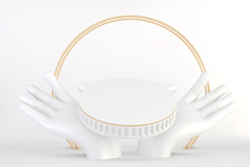 The white hand that is raising the pallet for the product display.3D rendering