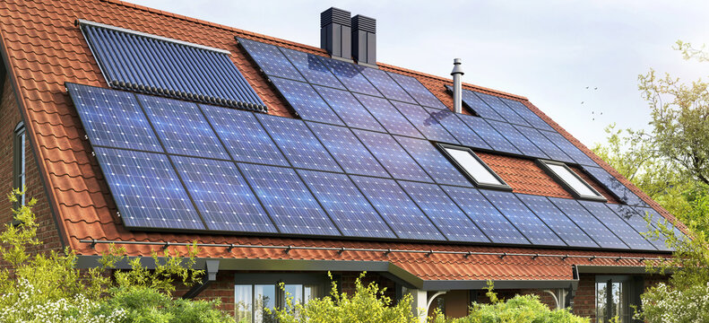 High-efficiency solar panels on the roof of the house