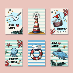 Sea style Party invitation cards. Happy Birthday or Baby shower greeting card in cartoon style. Illustrations of seagull, lighthouse, whale, ship, octopus and lifebuoy. Romantic collection.  - obrazy, fototapety, plakaty